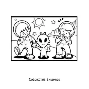 Coloriage d'astronautes avec un extraterrestre sur Mars