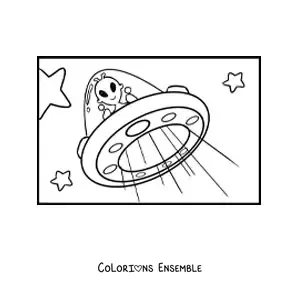 Coloriage d'un martien animé volant dans un ovni