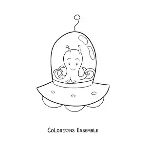 Coloriage d'un martien animé dans un ovni