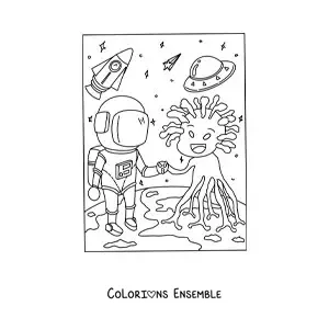 Coloriage d'un astronaute saluant un extraterrestre