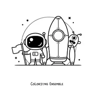 Coloriage d'un astronaute avec une fusée et un extraterrestre
