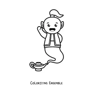 Coloriage d'un génie kawaii sortant de la lampe