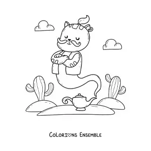 Coloriage d'un chat génie kawaii animé sortant de la lampe