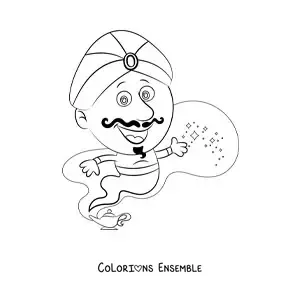 Image à colorier d'un génie magique sortant de la lampe