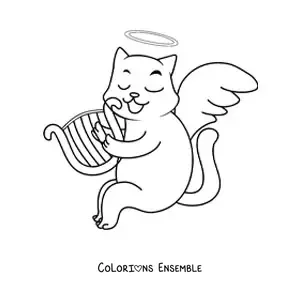 Image à colorier d'un chat ange animé jouant de la harpe