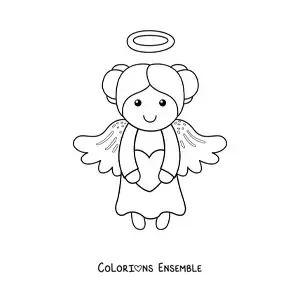 Image à colorier d'une fille ange animée volant avec un cœur
