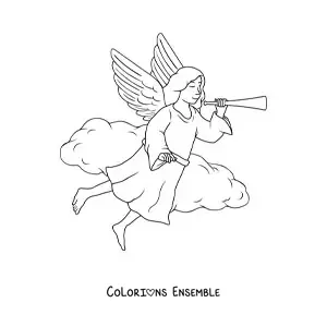 Image à colorier d'un ange volant dans le ciel avec une trompette