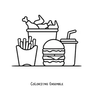 Image à colorier d'un hamburger avec des frites, un soda et une boîte de poulet