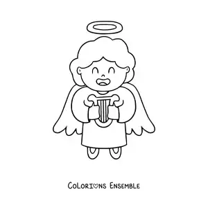 Image à colorier d'un ange animé avec une harpe