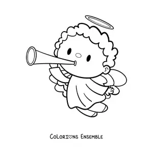 Image à colorier d'un ange animé volant avec une trompette