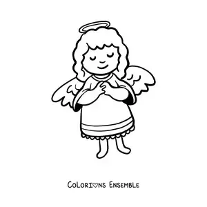 Image à colorier d'un ange animé en prière aux ailes déployées