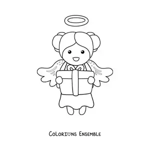 Image à colorier d'une fille ange de Noël avec un cadeau