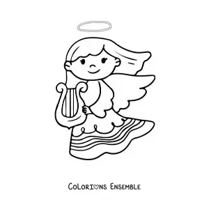 Image à colorier d'une fille ange avec une harpe