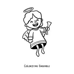 Image à colorier d'un ange heureux animé avec une trompette