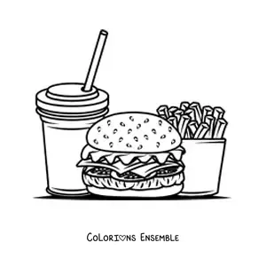 Image à colorier d'un hamburger avec un soda et des frites