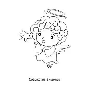 Image à colorier d'un garçon ange animé volant avec une étoile