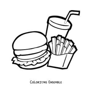 Image à colorier d'un hamburger avec des frites et un soda animés