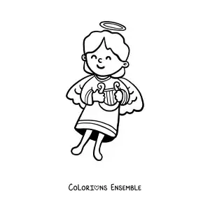 Image à colorier d'une fille ange animée avec une harpe