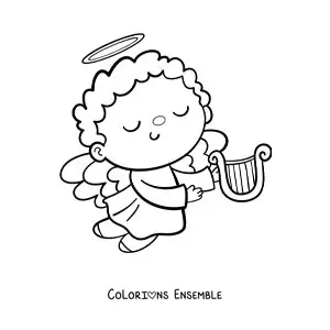 Coloriage d'un petit garçon ange en dessin animé qui vole avec une harpe