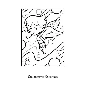 Image à colorier d'un dessin d'ange volant dans le ciel