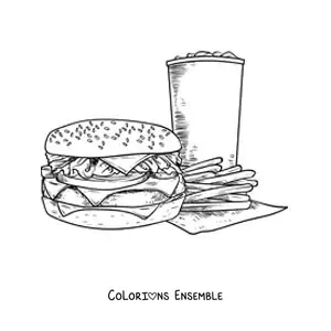 Image à colorier d'un hamburger avec des frites et un soda réaliste
