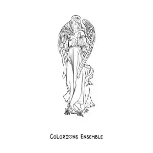 Image à colorier d'un ange féminin réaliste avec des fleurs et une colombe