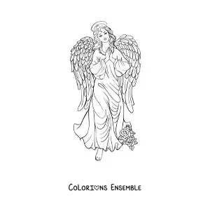 Image à colorier d'un ange féminin réaliste avec des fleurs