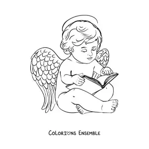 Image à colorier d'un bébé ange réaliste en train de lire