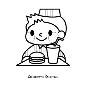 Image à colorier d'un employé d'une chaîne de hamburgers avec un hamburger et un soda