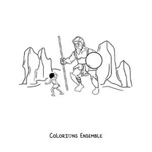 Image à colorier d'un homme combattant un géant