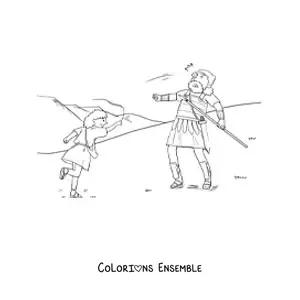 Image à colorier de David terrassant Goliath le géant