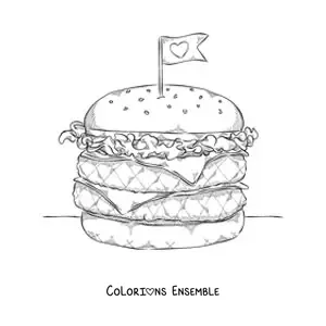 Image à colorier d'un hamburger double avec un petit drapeau en forme de cœur