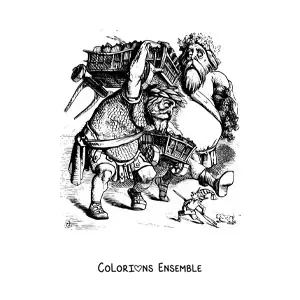 Image à colorier de géants marchant aux côtés d'un homme