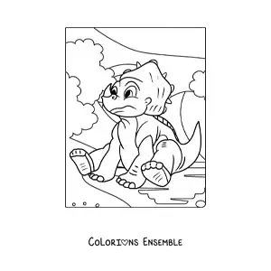 Image à colorier d'un bébé tricératops triste assis