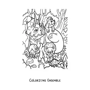 Image à colorier d'une maman tricératops avec ses bébés dans la jungle