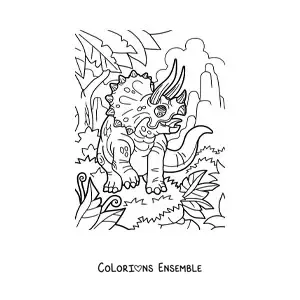 Image à colorier d'un tricératops dans son habitat