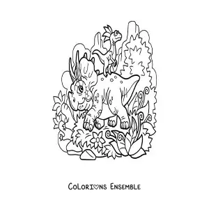 Image à colorier d'un tricératops avec un ami dans son habitat