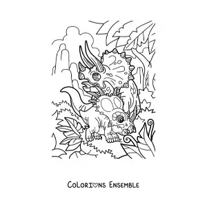Image à colorier d'un tricératops avec un bébé cératopsien