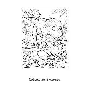 Image à colorier d'un cératopsien semblable au tricératops avec ses bébés