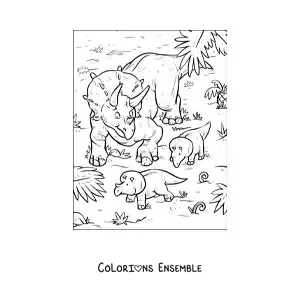 Image à colorier d'un tricératops avec ses bébés dans son habitat naturel