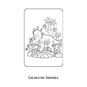 Image à colorier d'un tricératops animé dans son habitat