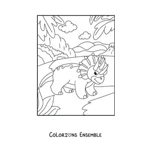 Image à colorier d'un tricératops en dessin animé dans son habitat