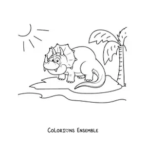 Image à colorier d'un tricératops animé souriant dans son habitat
