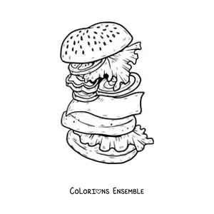 Image à colorier d'un hamburger déconstruit avec de la laitue, de la tomate, du fromage et de la viande