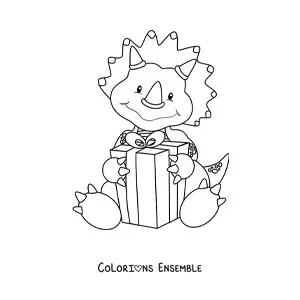 Image à colorier d'un tendre tricératops animé avec un cadeau