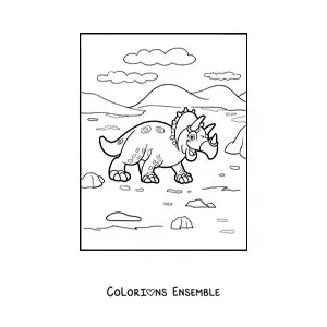 Image à colorier d'un tricératops animé marchant dans son habitat