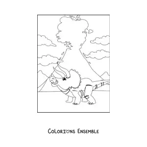 Image à colorier d'un tricératops devant un volcan