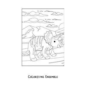 Image à colorier d'un tendre tricératops dans son habitat