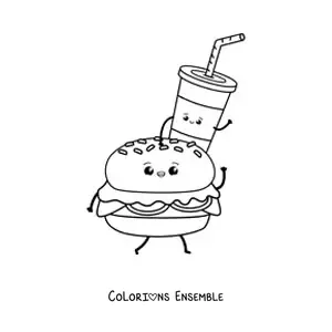 Image à colorier d'un hamburger qui marche avec un soda posé dessus, animé