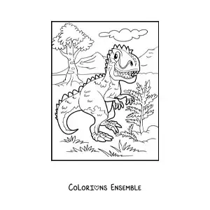 Image à colorier d'un grand tyrannosaure rex animé dans son habitat